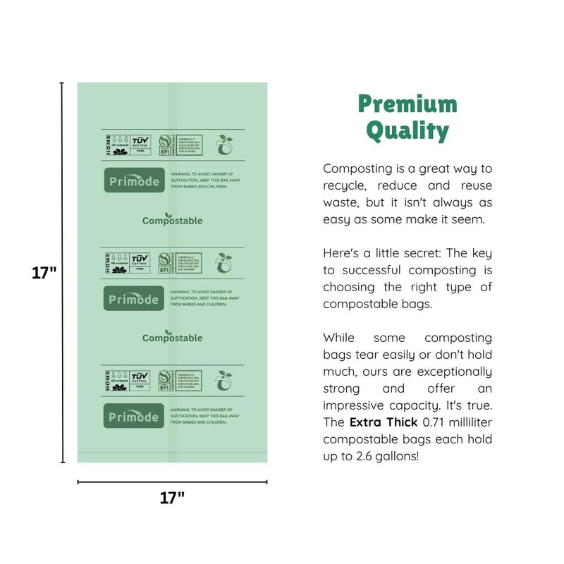 Primode Compost Bags, Compostable Trash Bags 3 Gallon Compostable Bags Small Compost Bags for Countertop bin Extra Thick 0.71 Mil. ASTM D6400 Certified By BPI and TÃœV AUSTRIA (3 Gallon, 100 Units) - Image 2